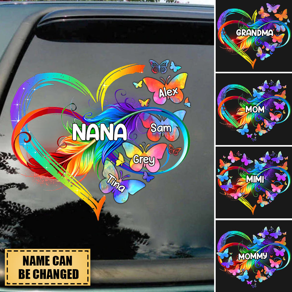 Personalized Grandma Mom Heart butterfly Rainbow Decal