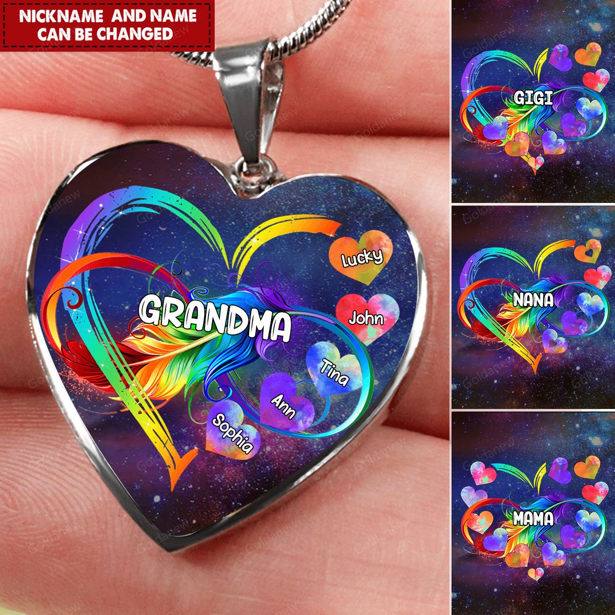 Personalized Grandma Mom Heart Rainbow Necklace Custom Names Family Infinite Love