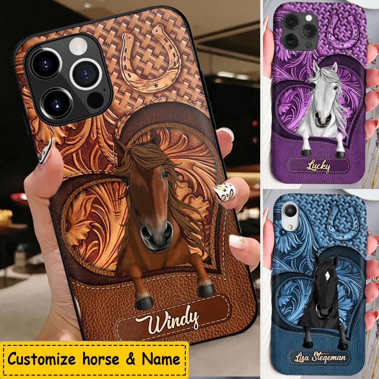 Love Horse Breeds Custom Name Hoofprint Leather Pattern Personalized Phone Case