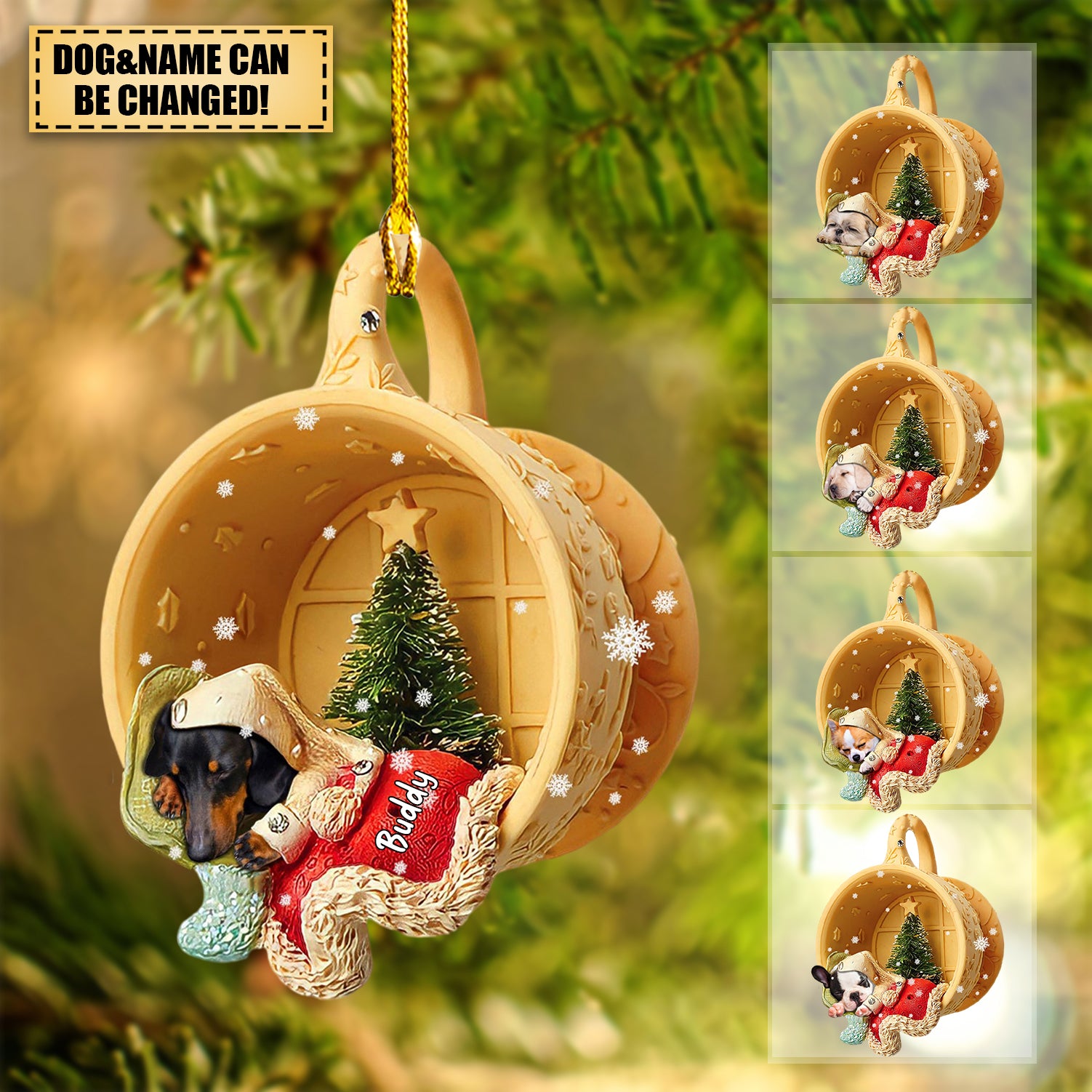 Personalized Dog Sleeping In A Tiny Cup Christmas Holiday-Two Sided Ornament