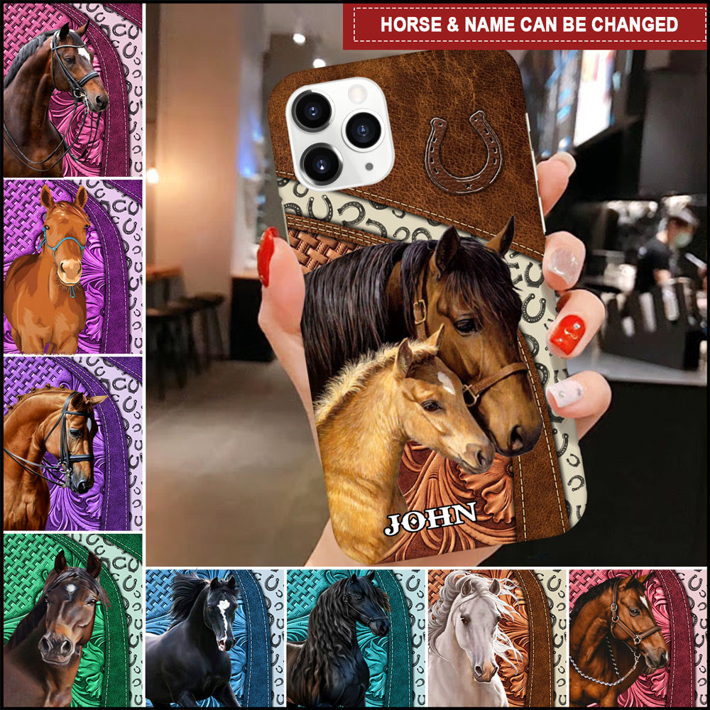 Love Horse Breeds Custom Name Hoofprint Colorful Leather Pattern Personalized Phone Case