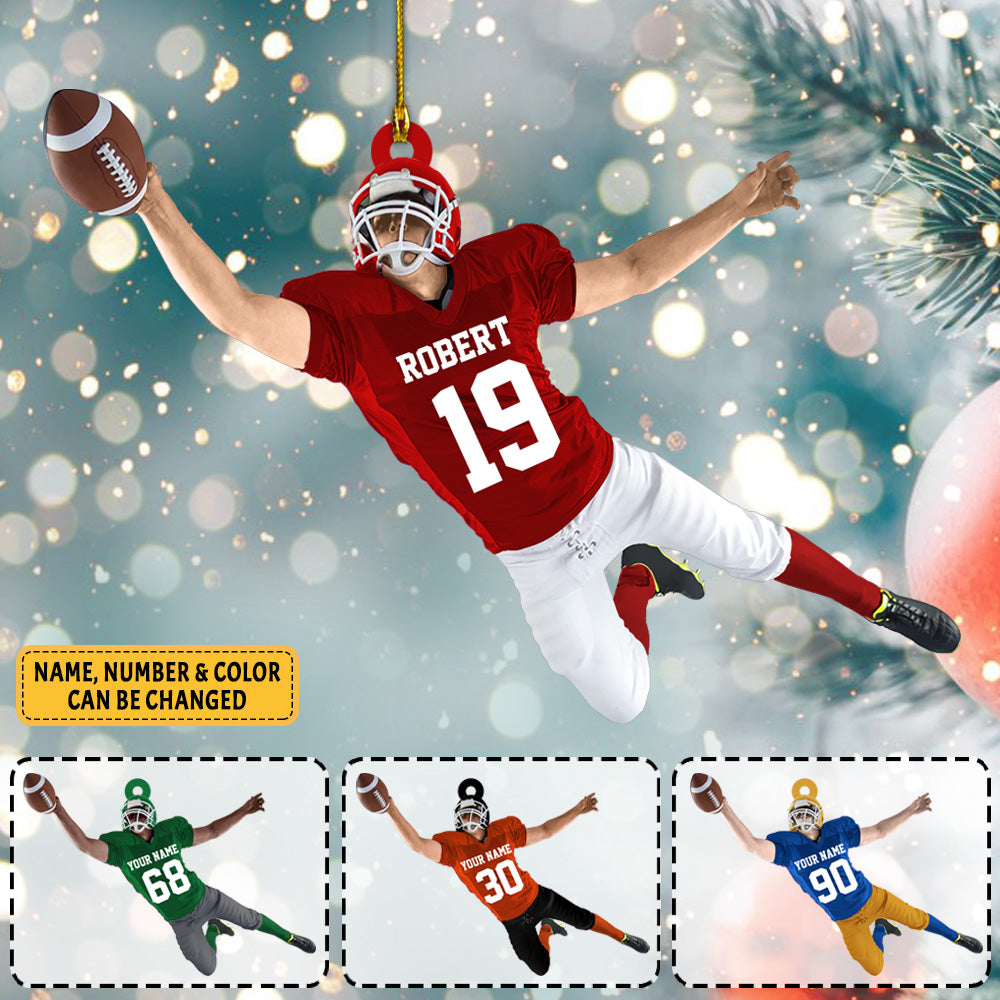 Personalized American Football Player in Action With Ball Christmas Ornament